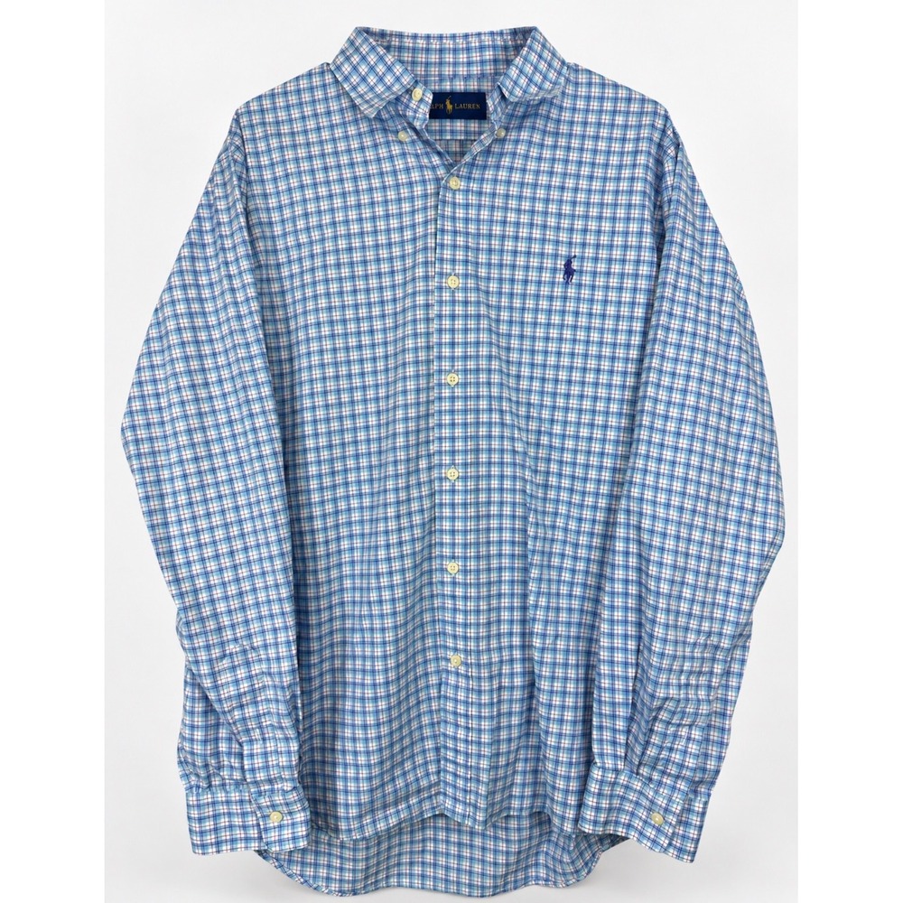 Polo Ralph Lauren Mens Blue Plaid Button Down Shirt Large Long Sleeve Pony Logo